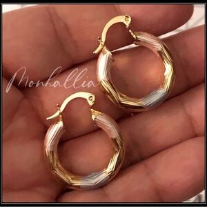 NEW 14K GOLD TRI COLOR HOOP SILVER & PINK FOIL WRAP BEVELED HUGGIE  EARRINGS